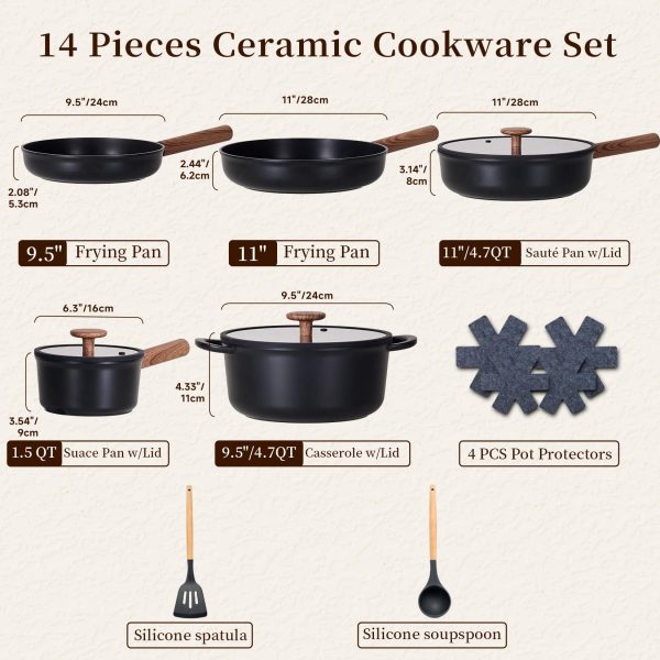 Ceramic Cookware Sets 15 Pcs, Healthy Pots And Pans Set Non Stick, Induction Kitchen Cooking Set With Removable Handles, Stackable Pots Pans, Oven Safe, PFOA,PFOS Free, Black - Image 8